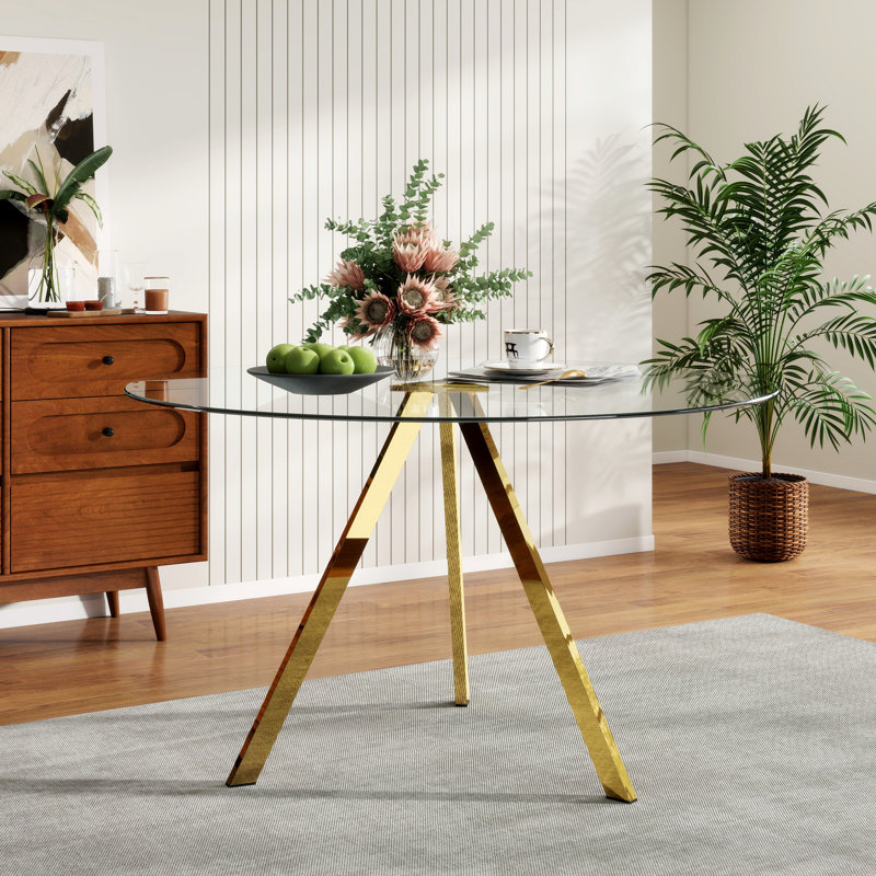 Table de salle à manger avec plateau en verre Bernadette, Doré, H 29,5 po x l 47,2 po x P 47,2 po
