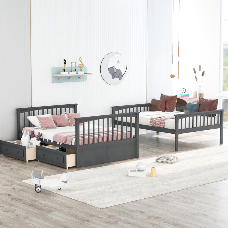 Lit double superposé au dessus avec tiroirs gris - convertible pour la chambre à coucher grise, Gris, Lit double