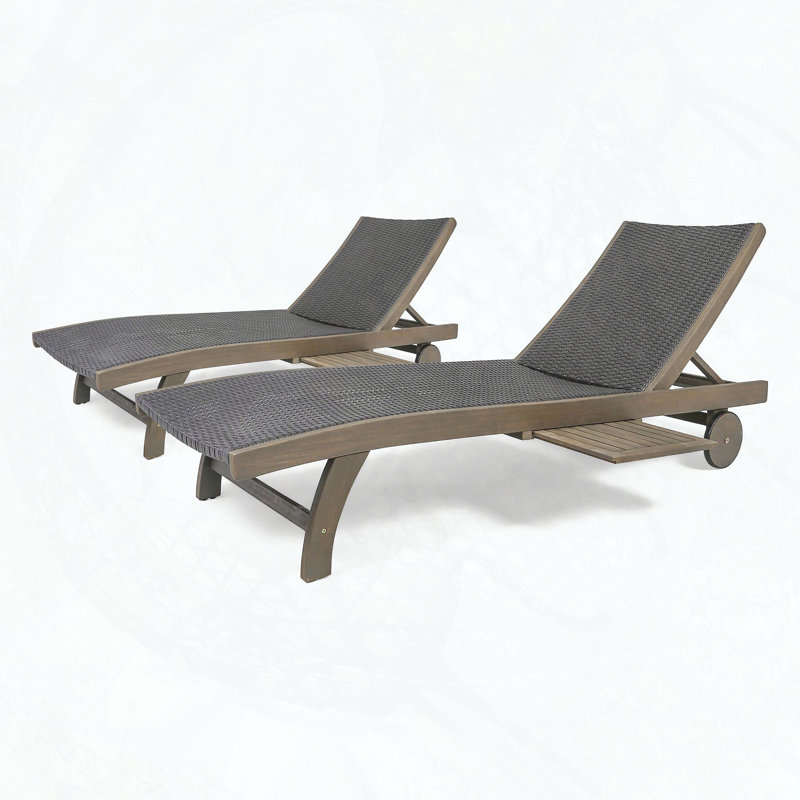Chaise longue en bois d'acacia avec siège en osier et plateau coulissant, ensemble de 2