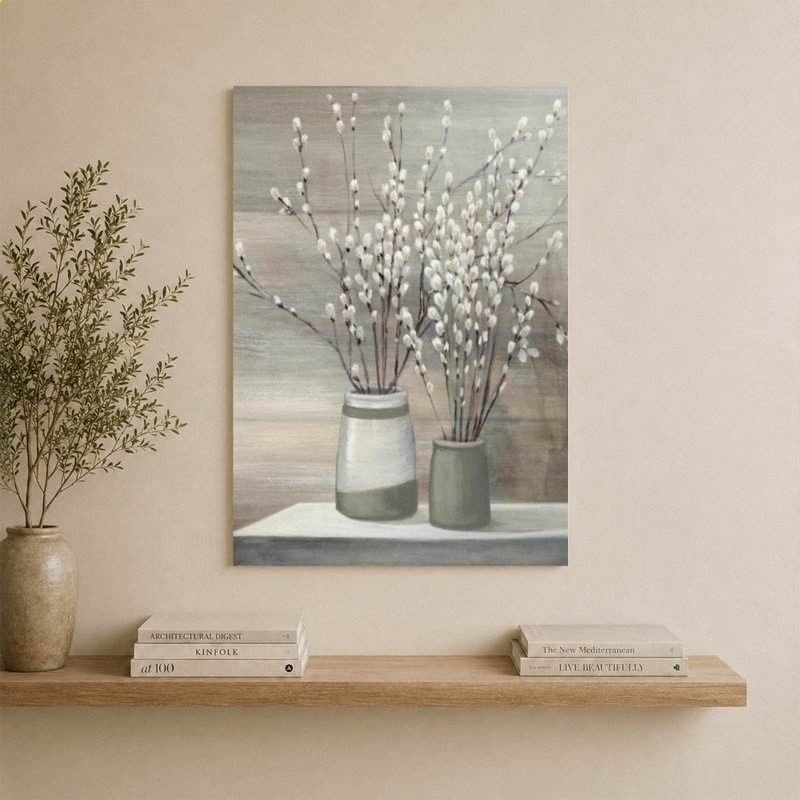 «Pussy Willow Still Life Grey Pots» par Julia Purinton - impression sur toile, H 40 po x l 30 po, Ne s’applique pas