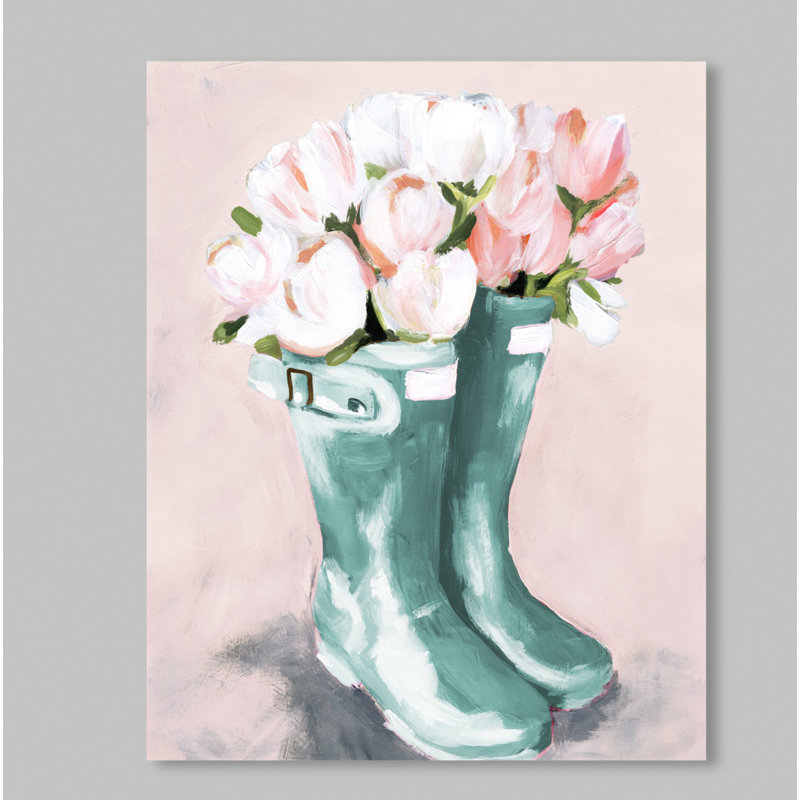 Bottes de pluie pastel et fleurs-reproduction d’art, H 15 po x l 10 po x P 1,5 po, Toile tendue