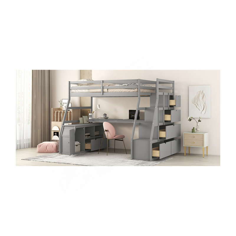 Lit mezzanine simple avec 7 tiroirs, 2 tablettes et bureau - Gris, Gris