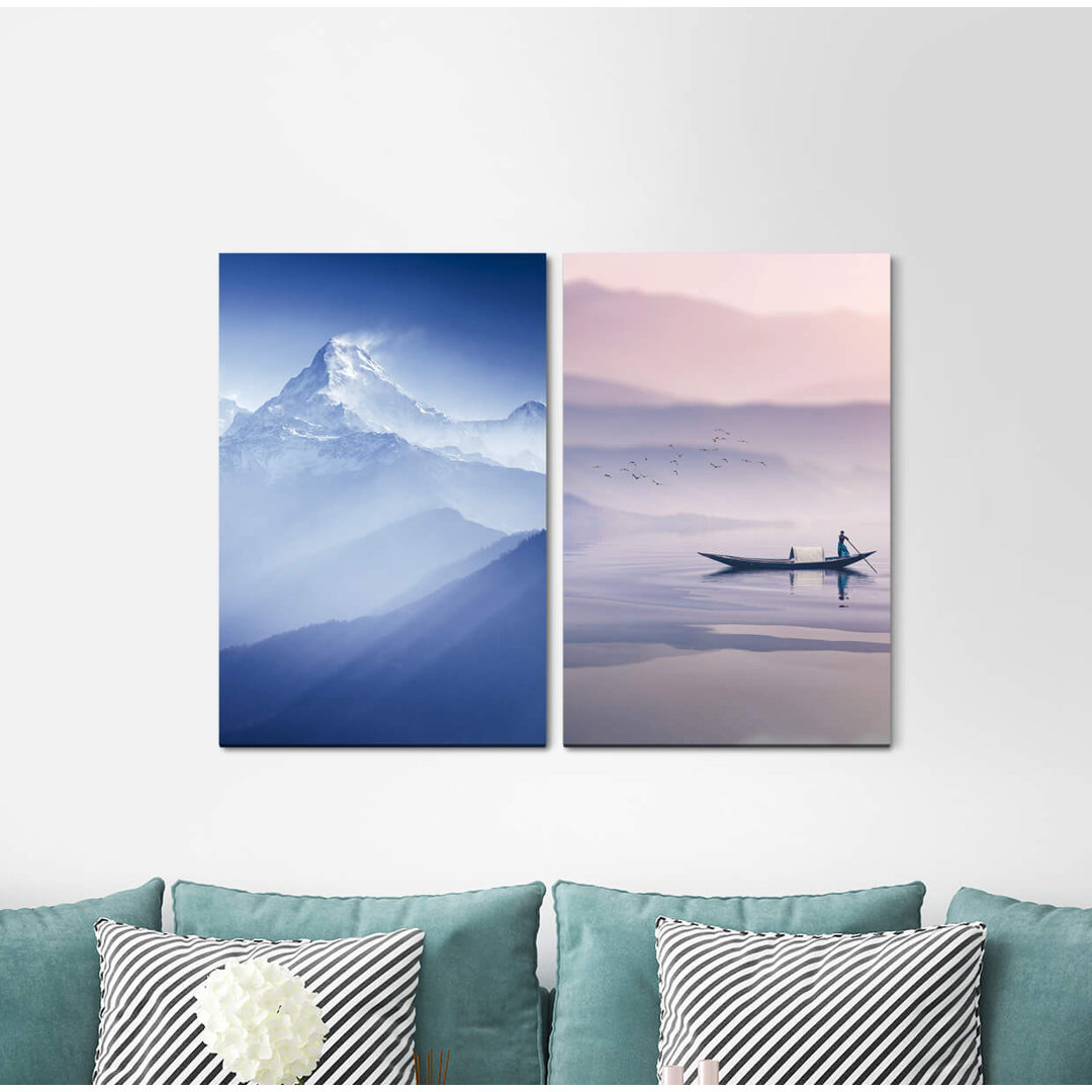 2-tlg. Leinwandbilder-Set - Grafikdruck „Mountain Peak Mount Boot Everest Blue Snow Fishermen”