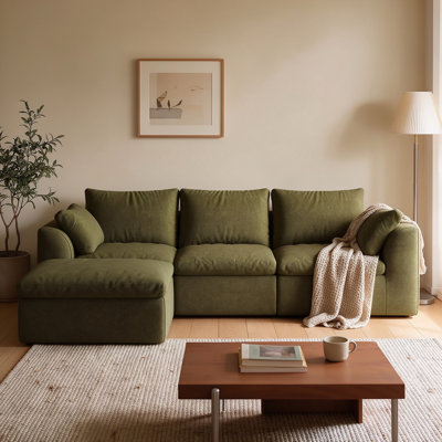 Canapé 3 places en lin vert avec pouf, ensemble de canapé moderne rembourré