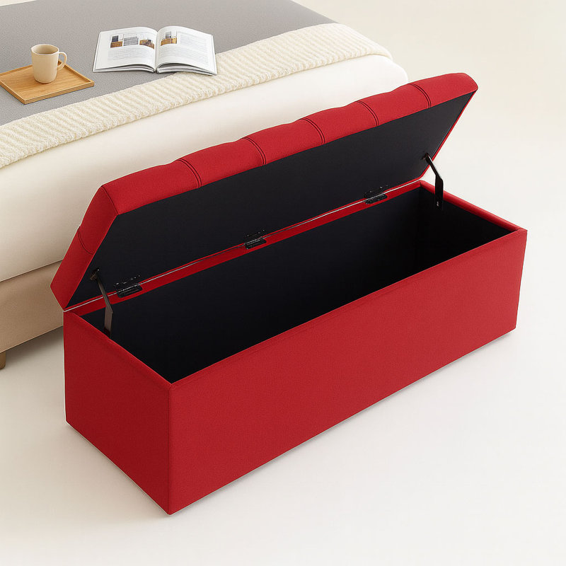 Divan Chesterfield Wide Velvet Rectangle Solid Color Standard Ottoman Box with Storage, Red, 40cm H x 180cm W x 40cm D