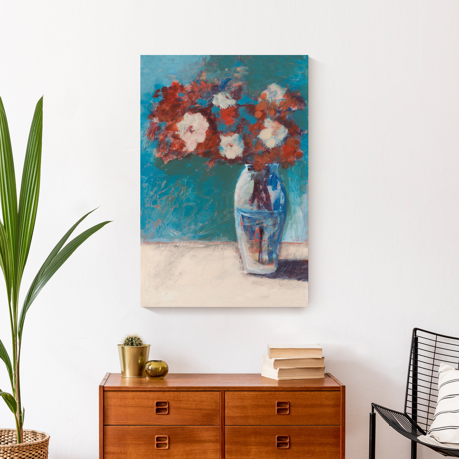 Red Barrel Studio® Red Flowers on Blue - Wrapped Canvas Painting Print ...