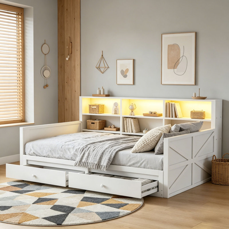 Extendable Daybed, Twin to Double Twin Daybed with Storage Headboard, White