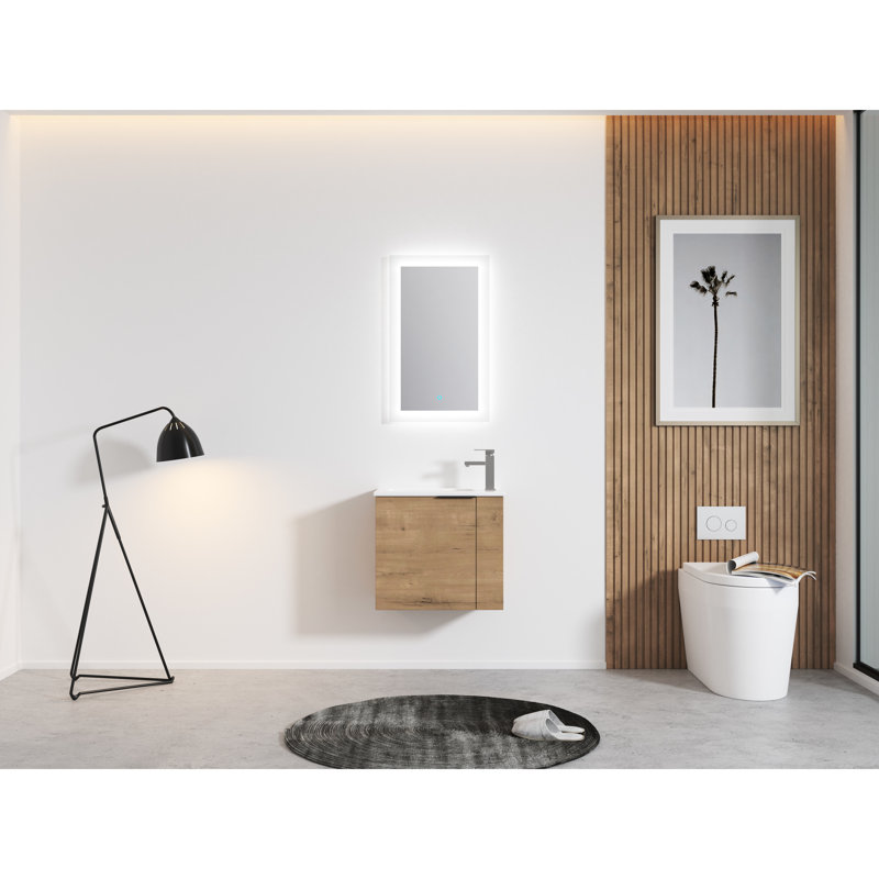 Petit meuble-lavabo pour salle de bain avec lavabo en céramique, 22 po, fixation murale, porte à fermeture en douceur, conception moderne, fabrication en contreplaqué, poignée noire mate pour les salles de bain, armoire de fermeture, poignée