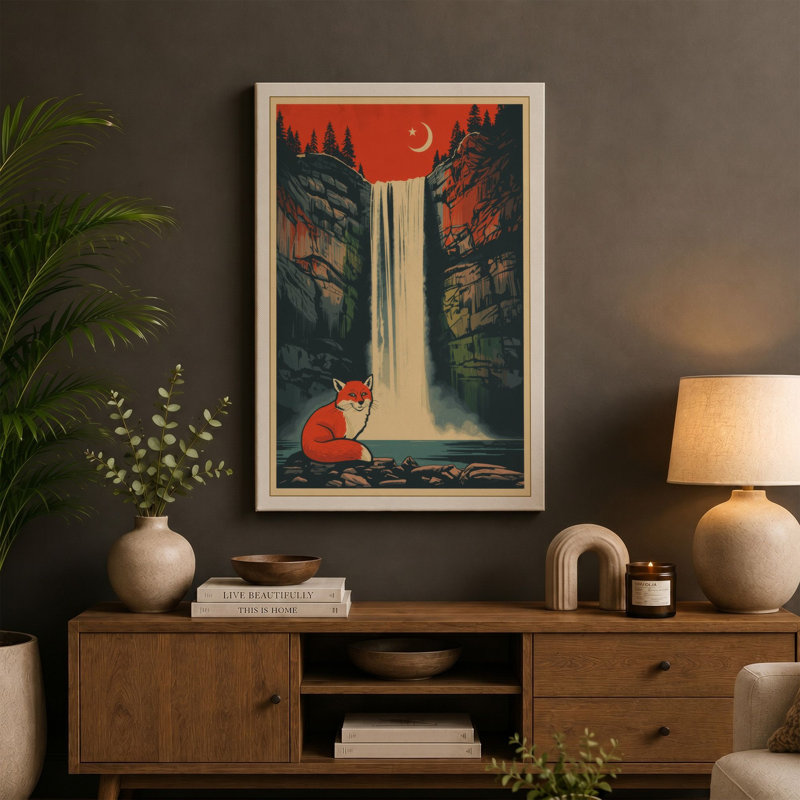 Fox at Waterfall Retro - Wrapped Canvas, 36x24 - 91.4 x 61.0 cm, Cream Border