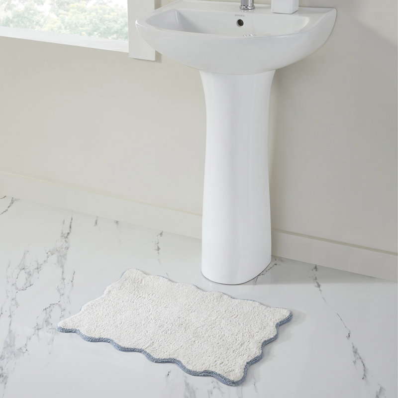 Ebern Designs Home Whitman Cotton Bath Rug, Single - 24" L x 17" W, White/Dusty Blue