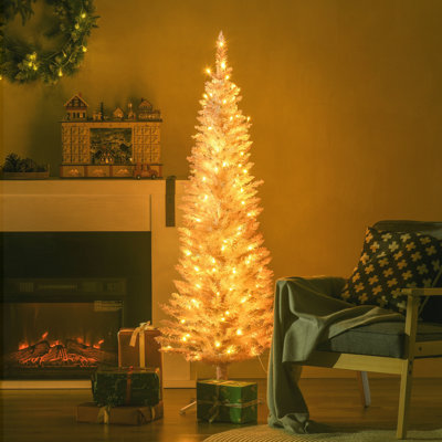 Sapin de Noël artificiel mince de 5 pi de hauteur avec 110 lumières DEL blanc chaud et 294 pointes, parfait pour une décoration des Fêtes facile