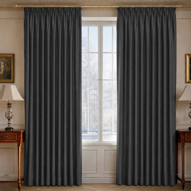 100% Polyester Blackout Pencil Pleat Room Darkening Curtains, Dark Grey, 168cm Width x 137cm Drop