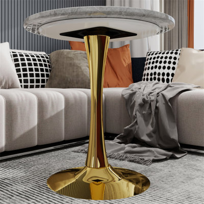 Marble-Top Round Side Table with Tapered Pedestal Base, Ideal for Living Room, Modern Minimalist Design