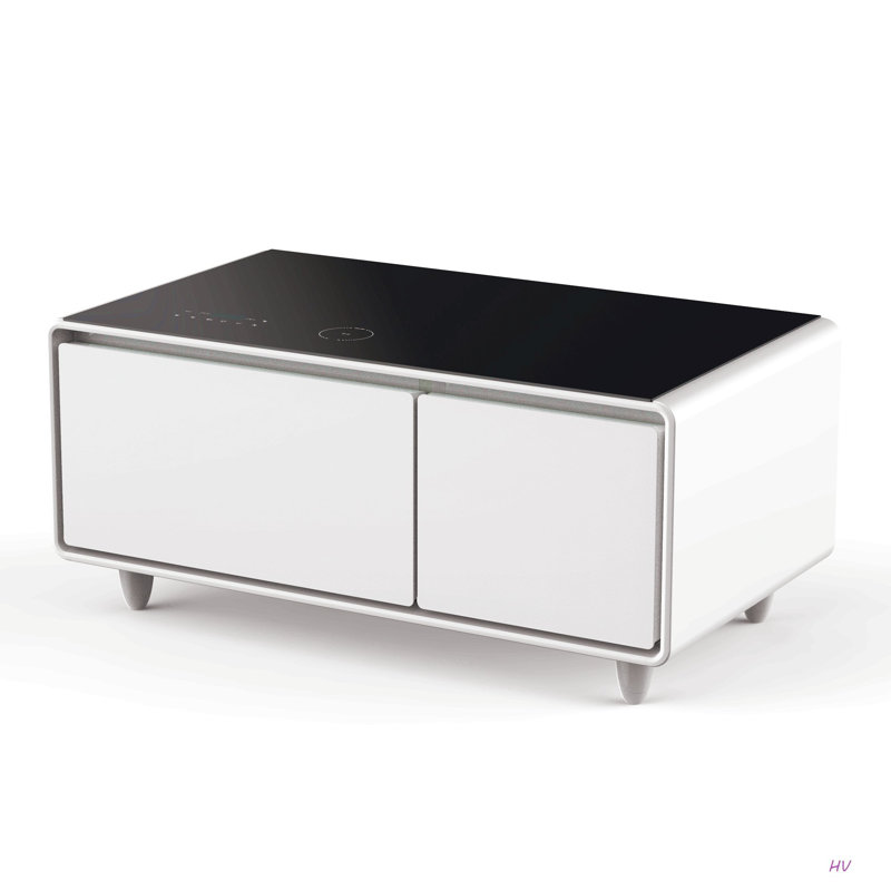 Modern Smart Coffee Table With Built-In Fridge, Tooth Speaker, Wireless Charging, Touch Control Panel, USB Ports, Outlet Protection, Atmosphere