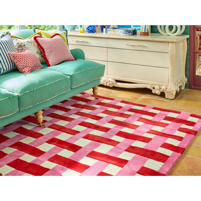 Hand Tufted Wool Geometric Area Rug in Coral/Rose, Rectangle 6'7" x 9'2"