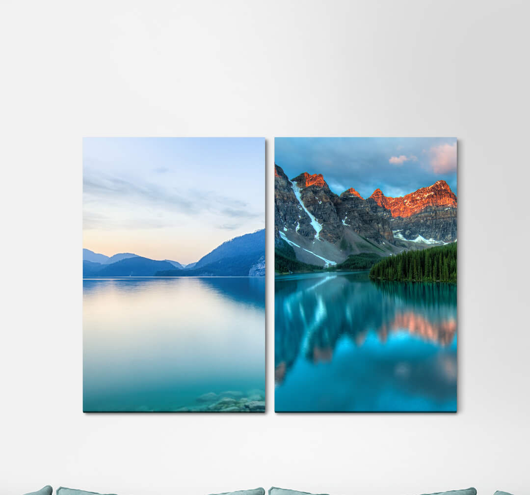 2-tlg. Leinwandbilder-Set - Grafikdruck „Alaska Nature Winter Mountain Lake Mountains Fir Trees Horizon”