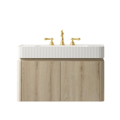 GECO 24 Bathroom Vanity&Sink, Floating Storage Cabinet, White Solid Surface Integrated Basin with 8'' widspread 3 Holes, Disassembled, Faucet & Drain Excluded, Walnut Woodgrain Color