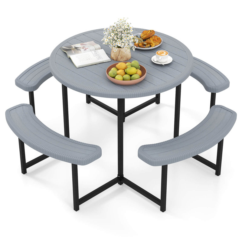 Round Picnic Table Bench Set With 4 Benches Umbrella Hole All Weather Tabletop, Gray