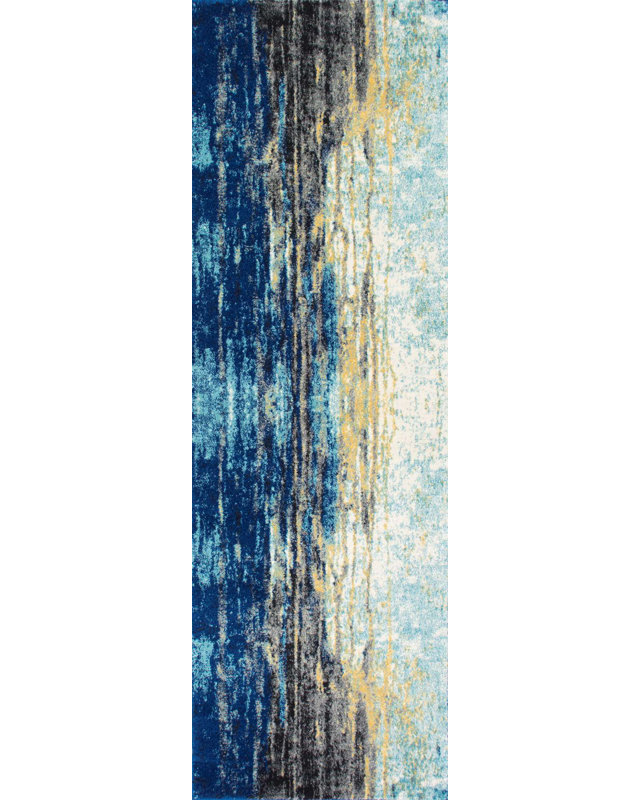 Melanarka Abstract Power Loom Performance Blue Rug, Runner 2' x 6'