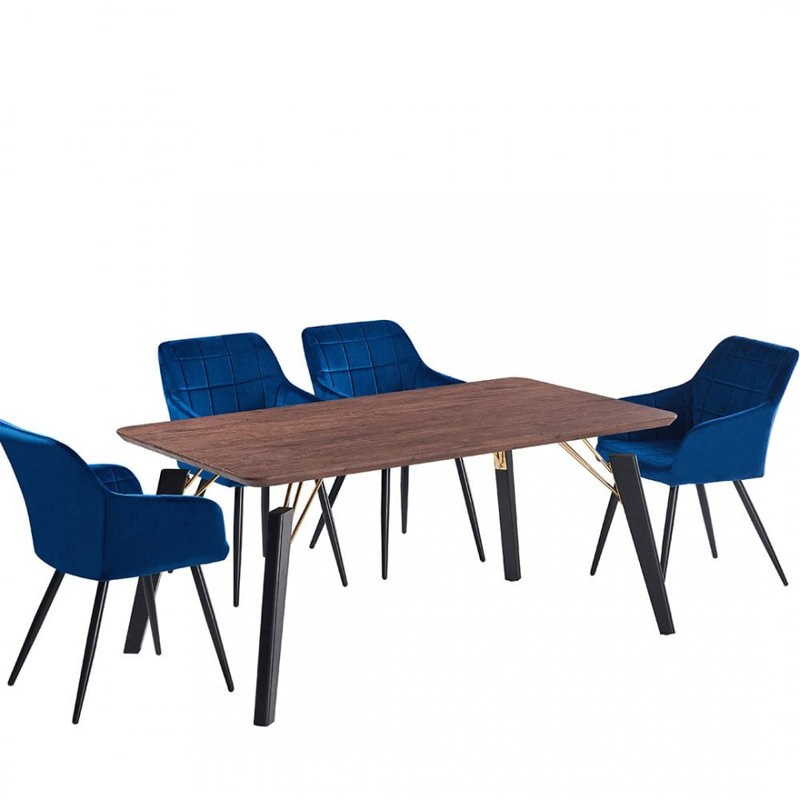 Yerres 4 Person Dining set - a Rectangular Wooden Dining Table with Metal Legs and a Set of 4 Quilted Velvet Dining Chairs for Dining Room - Modern Dining Table Set
