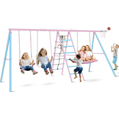 6-in-1 Heavy-duty Swing Sets, Outdoor Swing With 3 Swing Seats Climbing Net, Ladder & Basketball Hoop For Backyard