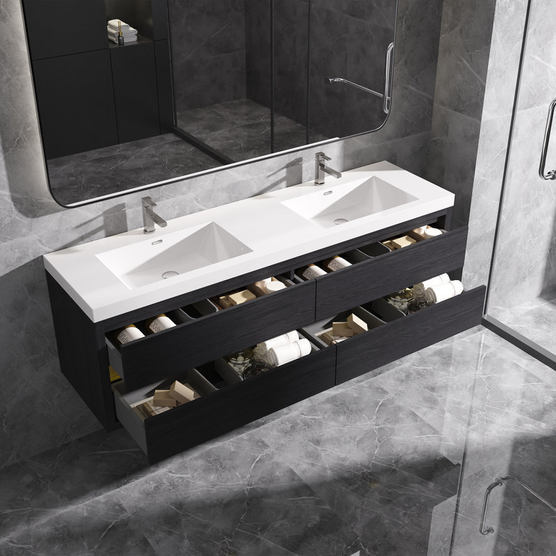 Meuble-lavabo mural flottant avec double surface de comptoir en blanc, Noir, noir, noir, noir, 72"