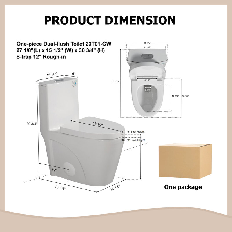 Toilette allongée une pièce à hauteur de chasse 1,1 / 1,60 GPF, Blanc brillant
