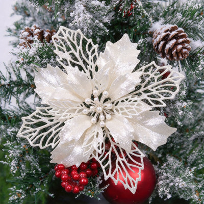 12 Pcs Christmas Glitter Poinsettia Faux Flowers