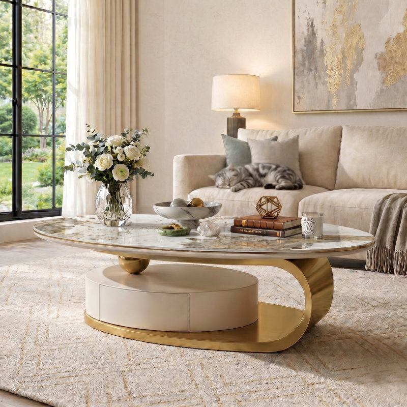 Fully Assembled Oversize 51" Modern Oval Coffee Table with Storage Drawer, White Sintered Stone Top & Gold Stainless Steel Base