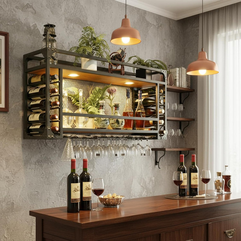 Porte-bouteilles mural 39,3 po, support à vin suspendu, support à vin de grande capacité, suspendu ou mural, type simple avec support à vin léger pour bar, restaurant, intérieur (NOIR, 39,3 x 11,8 x 21,6 po)