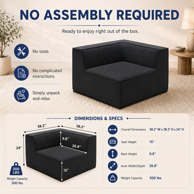 Comfy Cloud 38" Modular Corner Chair, Compression Foam Sofa Module, No Assembly Required, Black Polyester