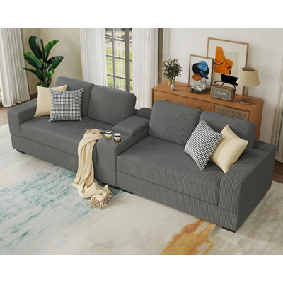 124 Inch Sectional Couch, Oversized Couch with Storage Console, Deep Seat Sofa with Charging Socket, Grey Comfy Couch for Living Room