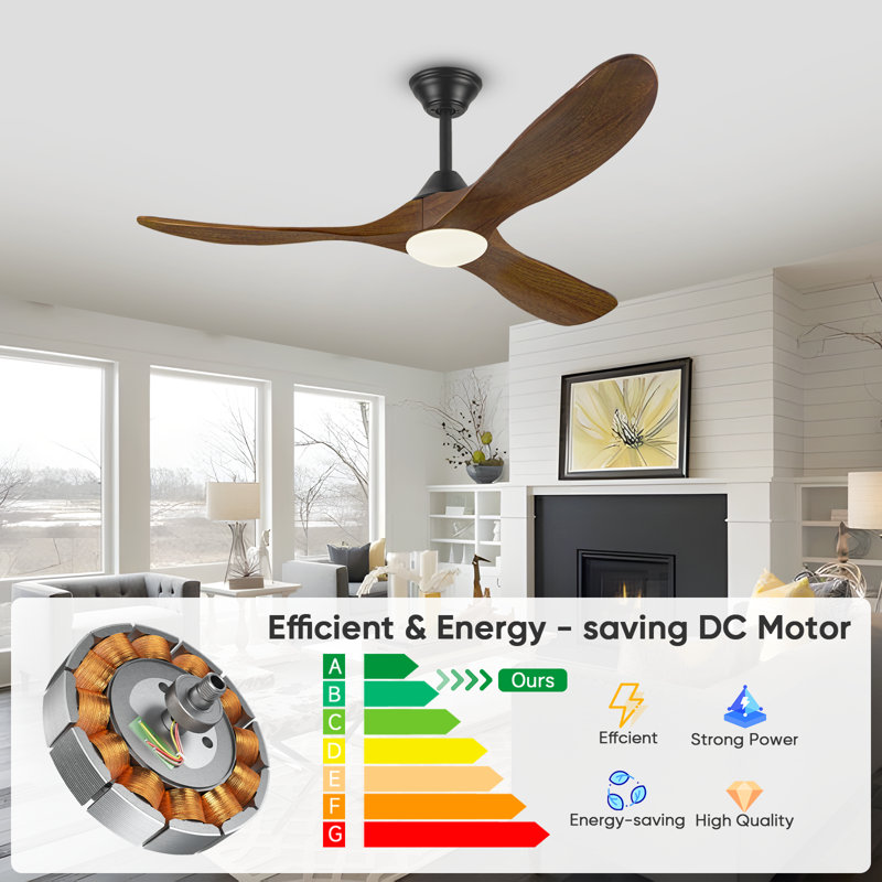 Ventilateur de plafond en bois massif 3 pales avec lumière DEL à intensité variable et télécommande, moteur à courant continu réversible