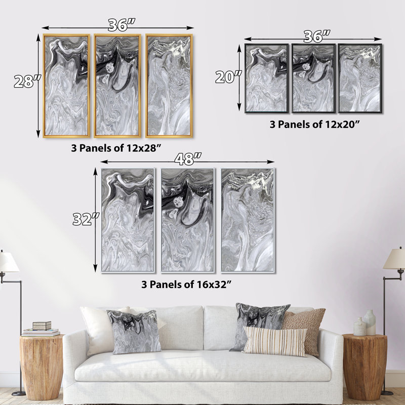 Gris abstrait, art liquide, ensemble d'art mural moderne sur toile encadrée, H 32 po x l 48 po, Noir, noir, noir, noir
