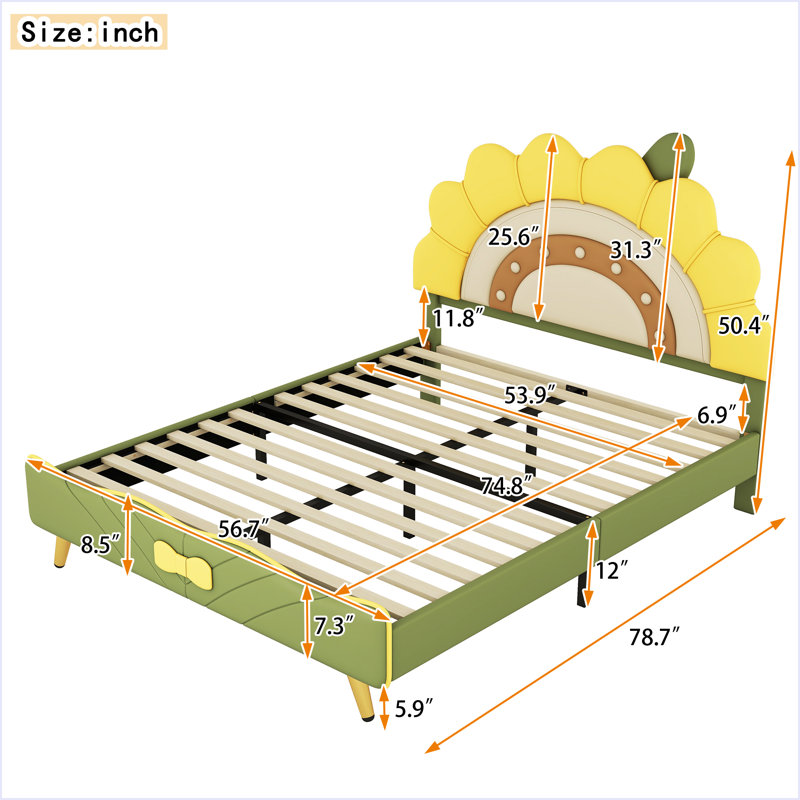 Lit plateforme tapissier avec tête de lit en forme de tournesol, Double