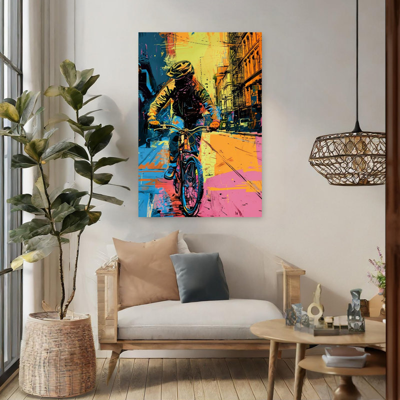 «Vibrant City Cyclist Contemporary Mountain Architecture», reproduction d'art murale, H 48 po x l 32 po