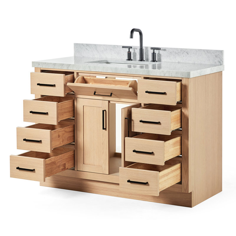 Meuble-lavabo simple en bois massif 48 po avec lavabo en marbre de Carrare 1,5 po Tidworth, Forme rectangulaire