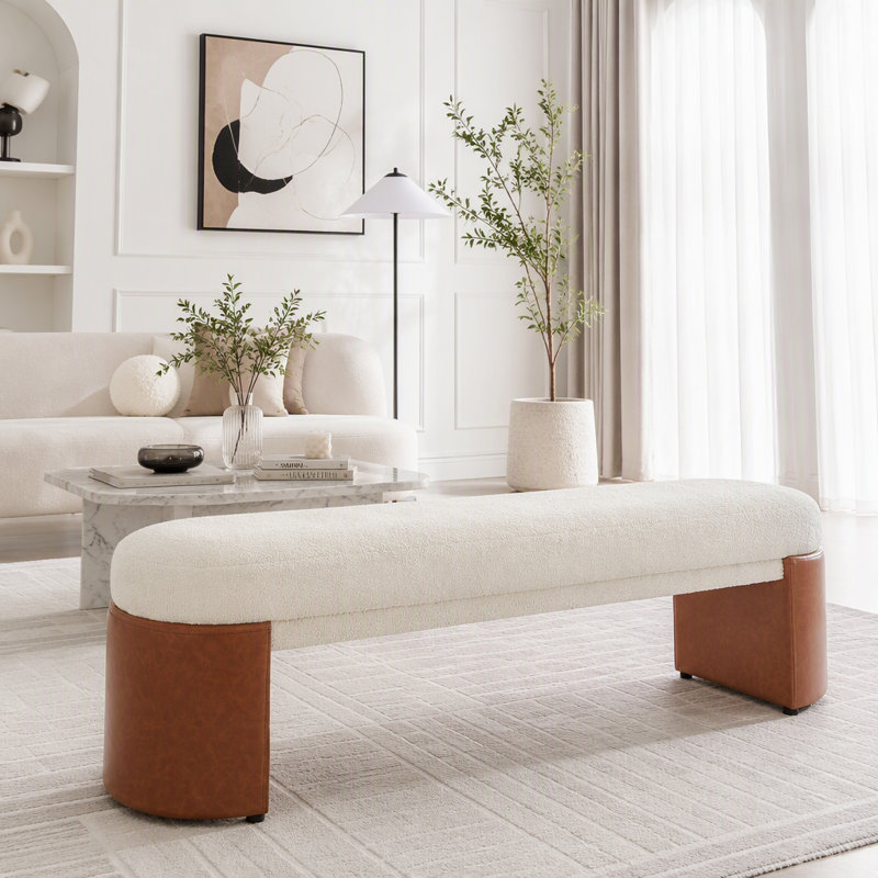 Banc de salle à manger rembourré, structure en caoutchouc et contreplaqué, Beige-Boucle - L 62,83 po