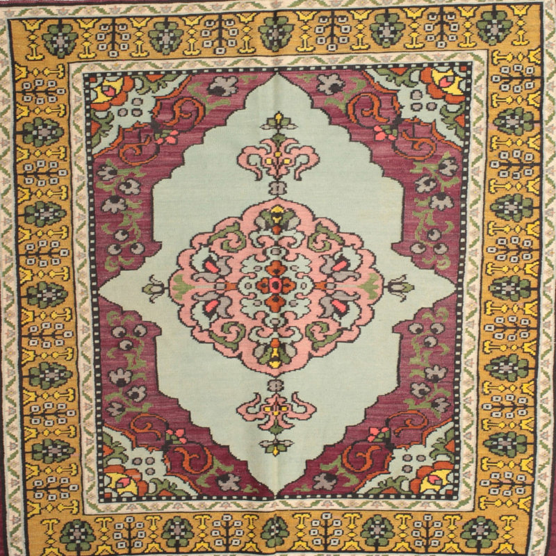 Tapis jaune/rouge/vert traditionnel, Rond 7 pi