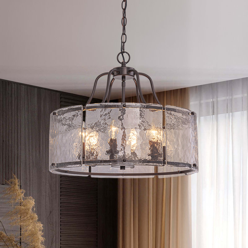 Lustre tambour en verre d'eau 6 lumières, Bronze frotté à l'huile