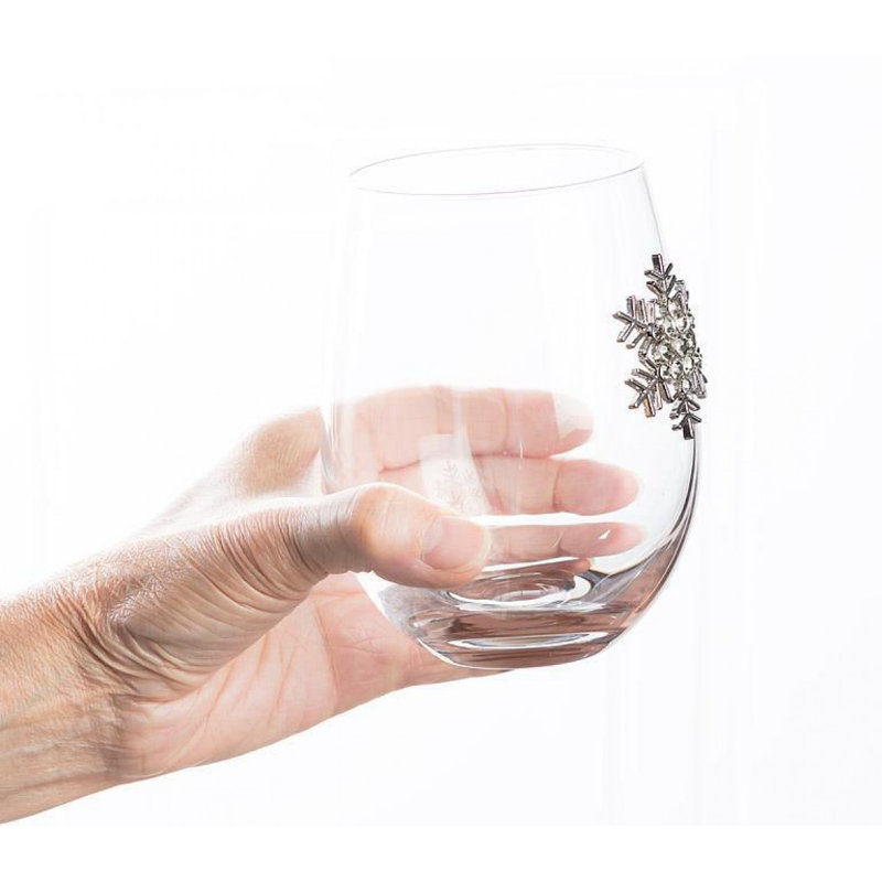 Jewelled Snowflake On Stemless Wine Glass
