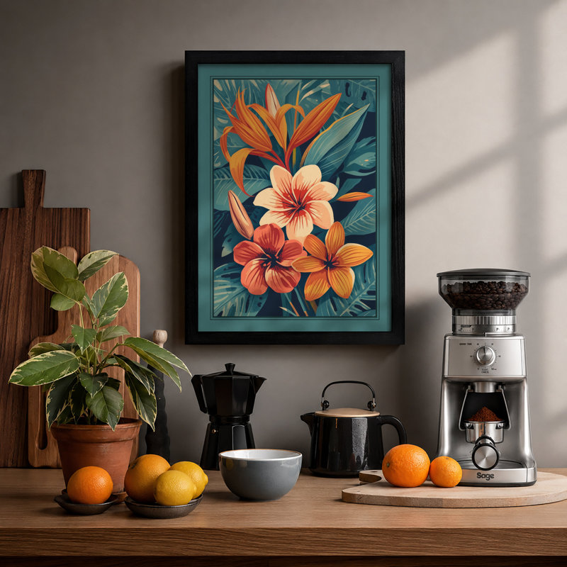 Blooms in Teal Botanical - Framed Print, Black, A4 - 29.7 x 21.0 cm