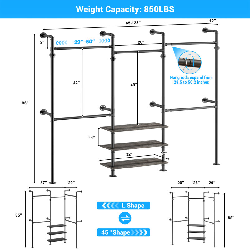 Support à vêtements mural 84 "à 128", Bois gris