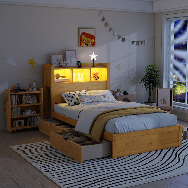 Twin Wood Bed with Storage Headboard, LED Light, Drawers & Pull-Out Cabinet – Space-Saving Modern Design, Natural, Natural
