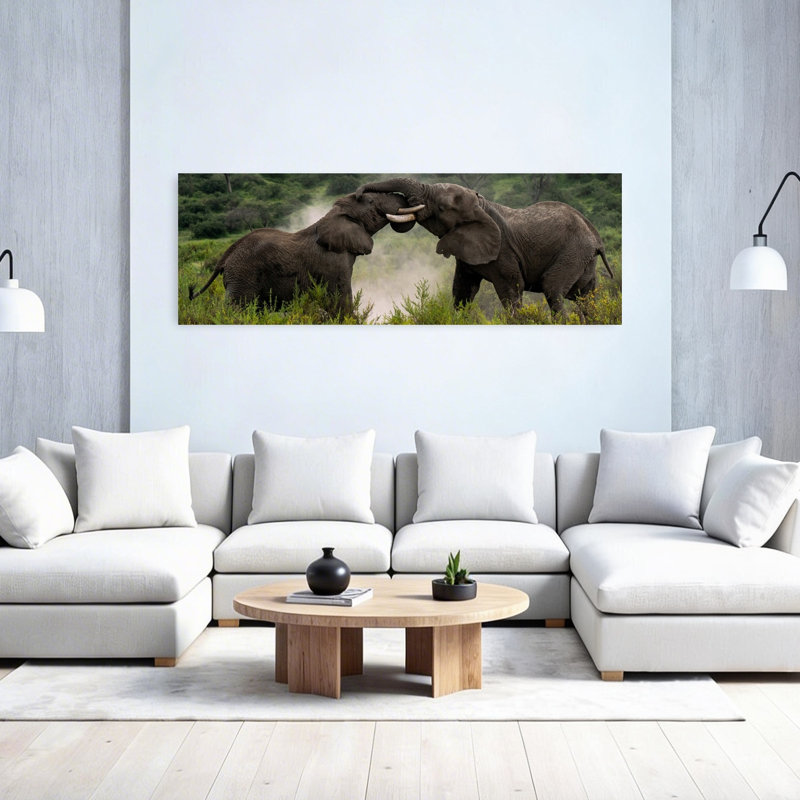 «Powerful Elephant Interaction», art mural contemporain, H 20 po x l 60 po