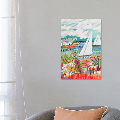 Two Sailboats And Cottage II by Karen Fields - Wrapped Canvas Painting