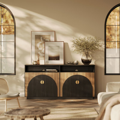 65 Inch Fluted TV Stand, Mid Century Modern Entertainment Center with Storage Cabinets & Open Shelves, Media Console TV Cabinet