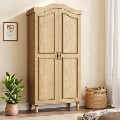 Armoire 71 po H, armoire à 2 portes avec tringle et tablette pour rangement dans la chambre à coucher, bois naturel