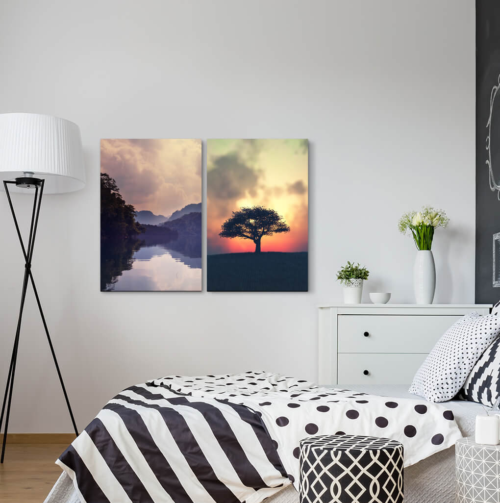 2-tlg. Leinwandbilder-Set - Fotografie „Nature Lake Mountains Tree Clouds Horizon Field”