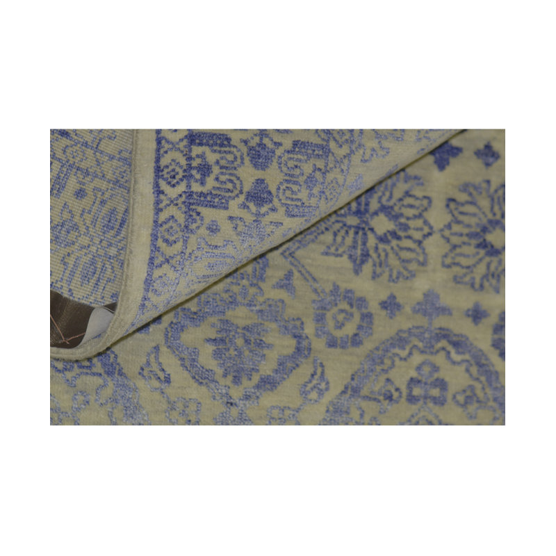 Tapis bleu marine et jaune de haute qualité noué à la main